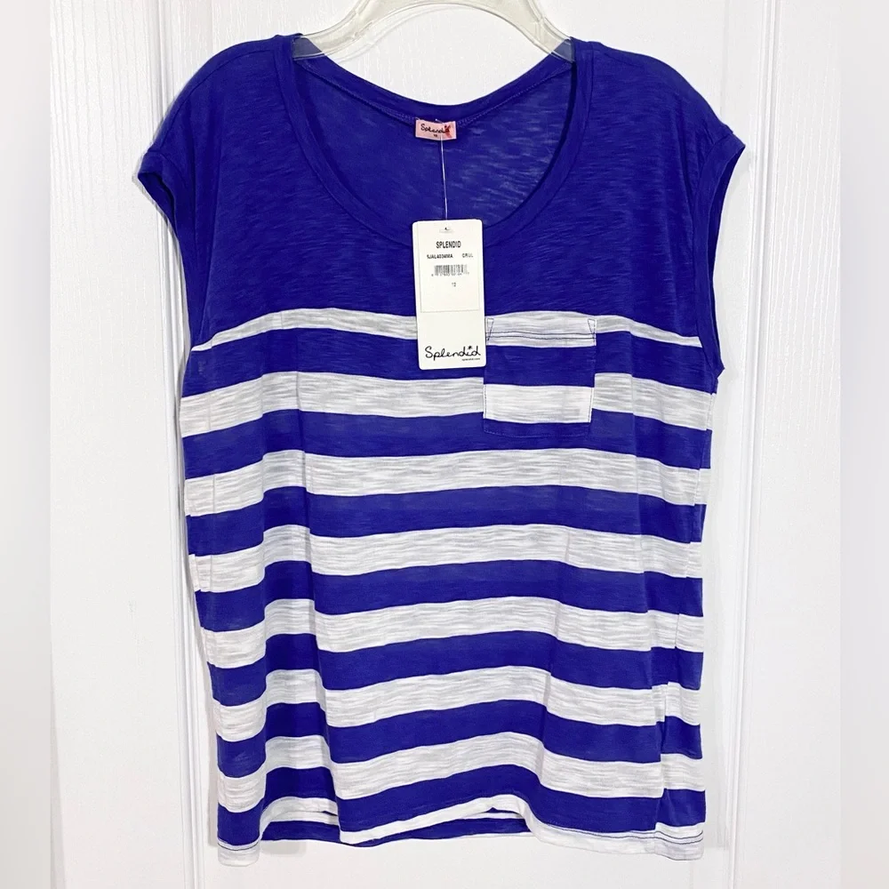 Splendid Striped Cap Sleeve Burnout Pocket Tee USA MADE Blue White Girl’s 12